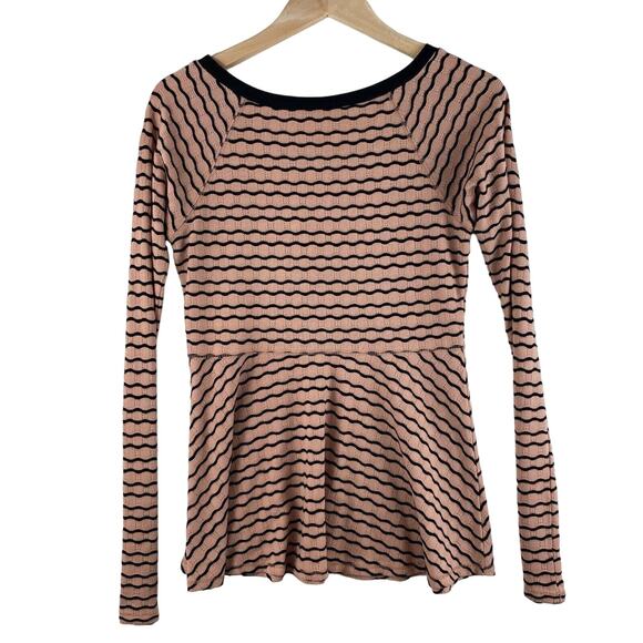 Free People Long Sleeve Peplum Top Womens M Pink Black Striped Pin Up Hourglass - Picture 8 of 11